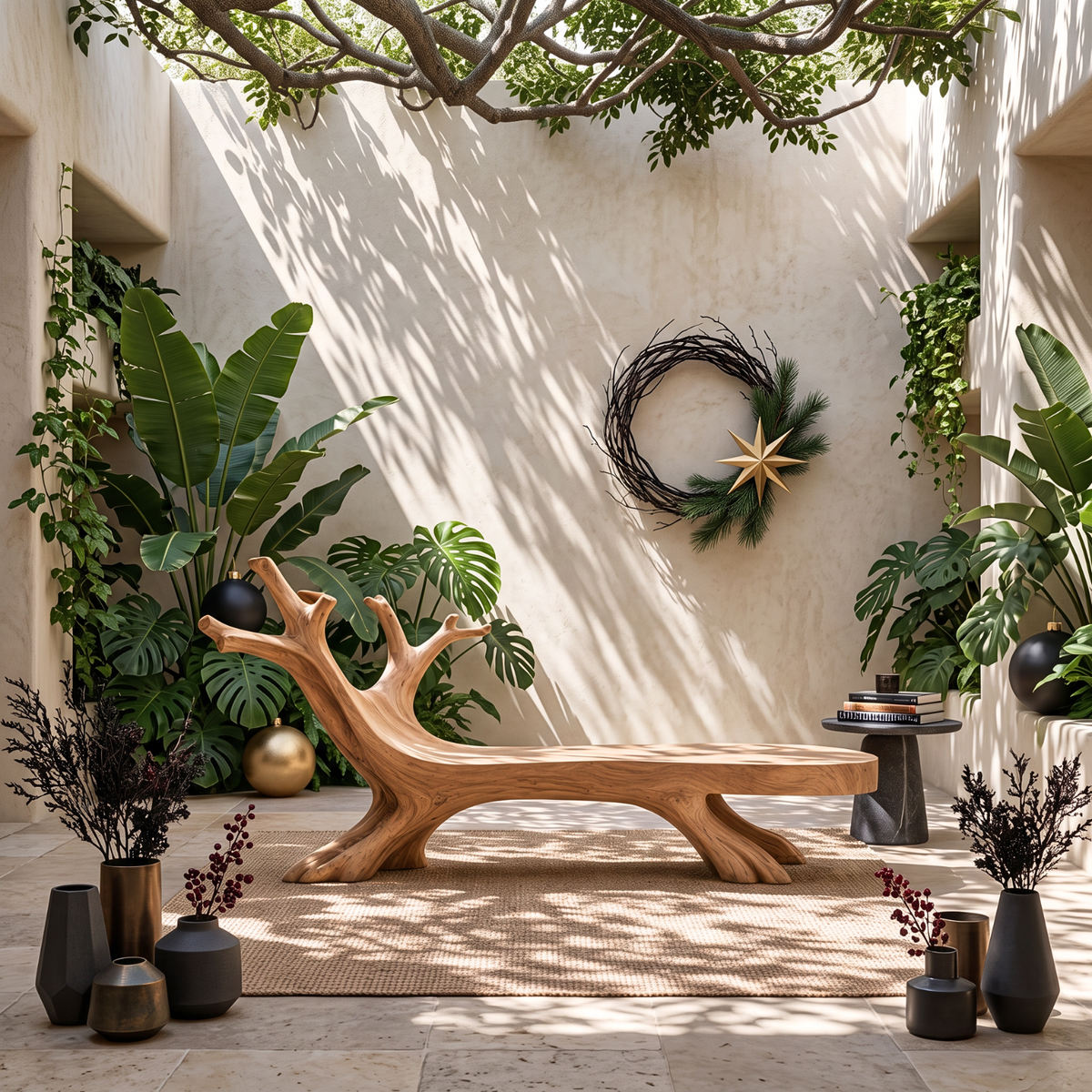 Tree Branch Solid Wood Garden Bench with Sculptural Root Base