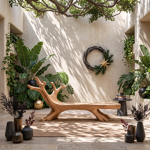 Tree Branch Solid Wood Garden Bench with Sculptural Root Base