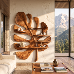 Solid Wood Tropical Leaf Wall Sculpture with Integrated Display Shelves for Living Room Decor