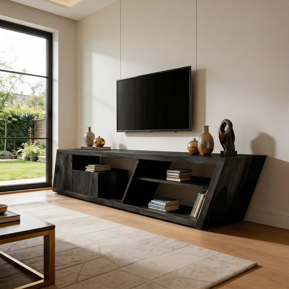 Angled Solid Wood Media Console in Organic Modern Style