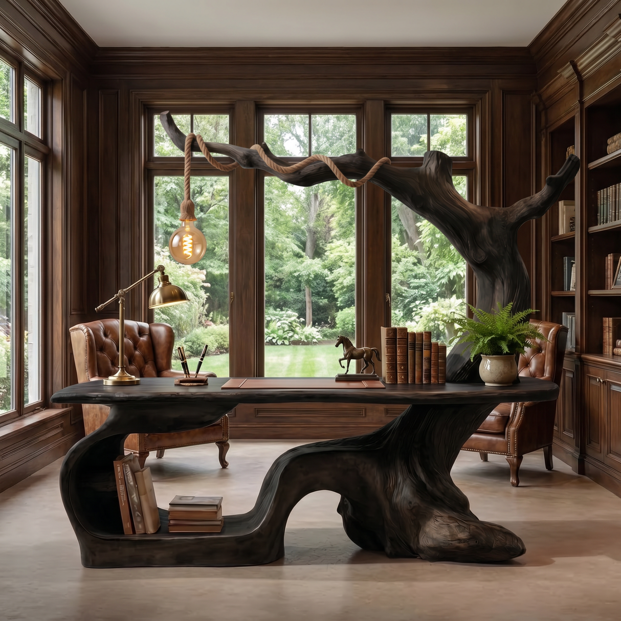 Handmade Solid Wood Tree Desk With Hanging Lamp Organic Modern Sculptural Office Table