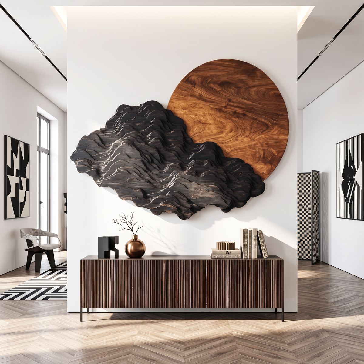 Sculptural Wall Art with Black Mountain Layers and Oversized Natural Wood Sun