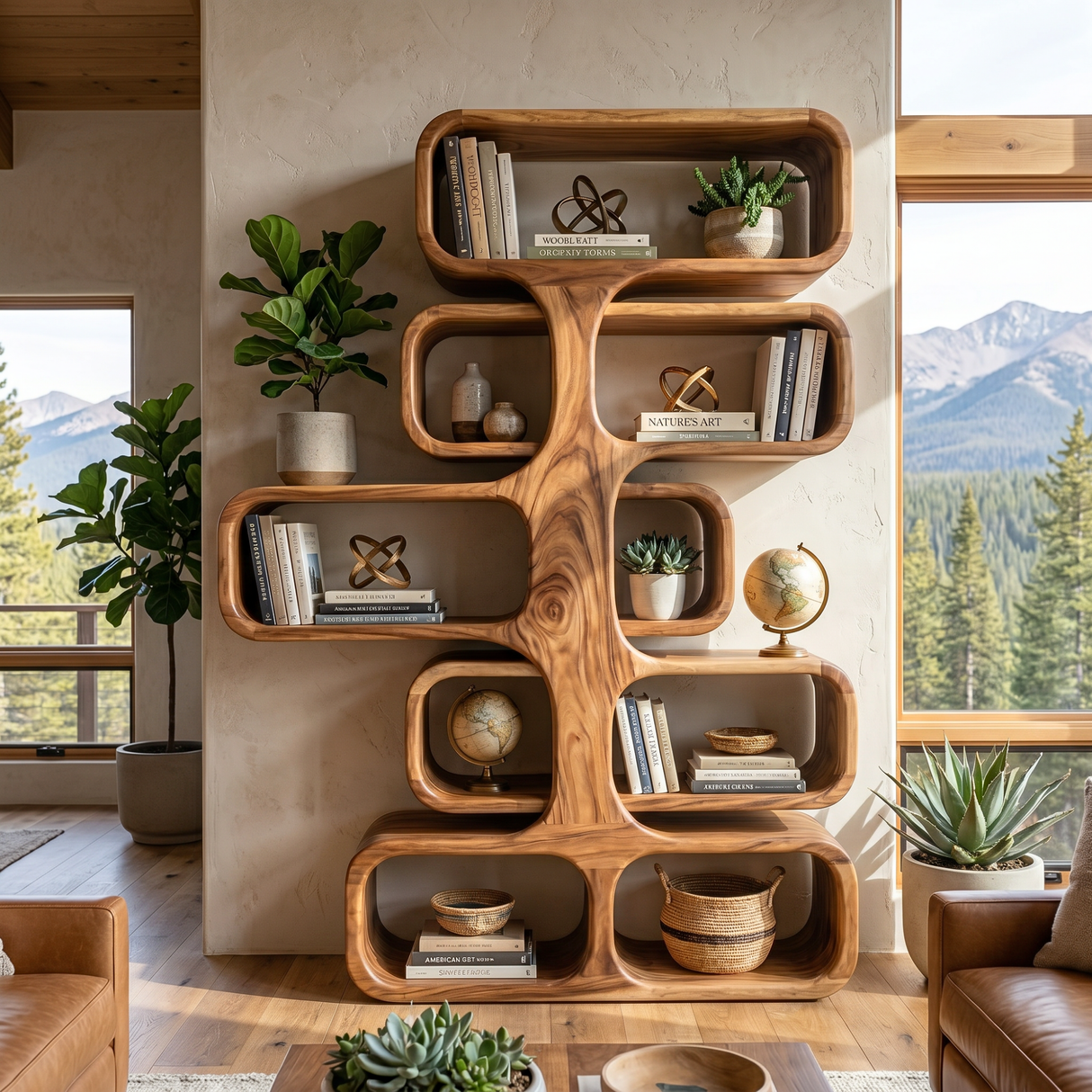 Organic Solid Wood Tree Bookshelf with Sculptural Open Shelves