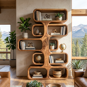 Organic Solid Wood Tree Bookshelf with Sculptural Open Shelves