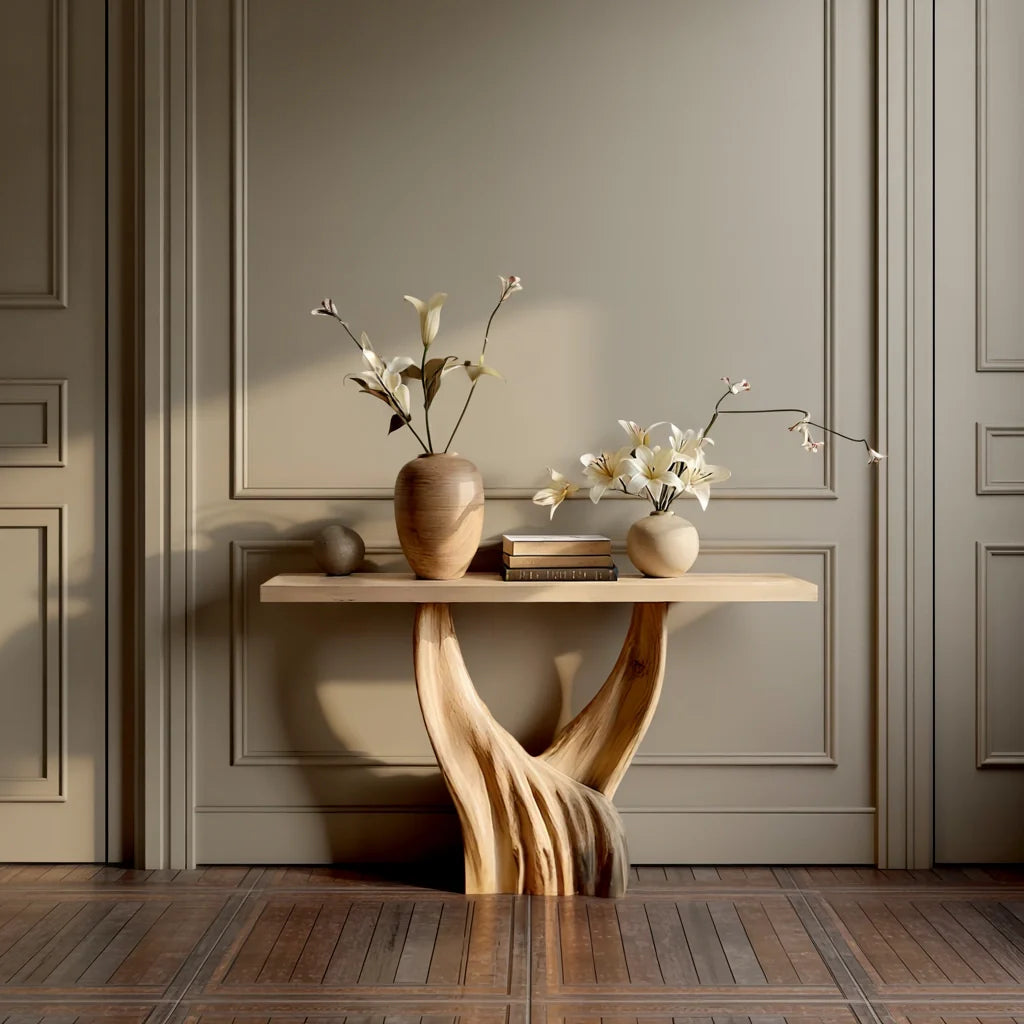 Modern Organic Solid Wood Console Table with Sculpted Flow Base