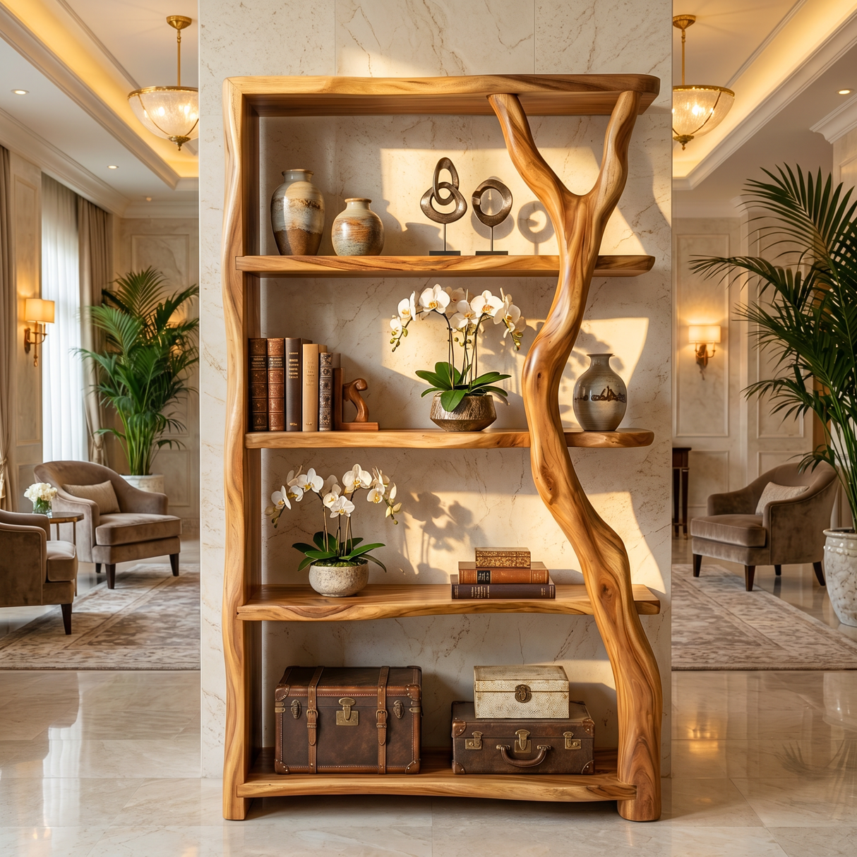 Organic Solid Wood Bookshelf with Branch Inspired Side Support
