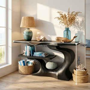 Sculptural Solid Wood Console Table with Open Shelf, Organic Modern Entryway Table