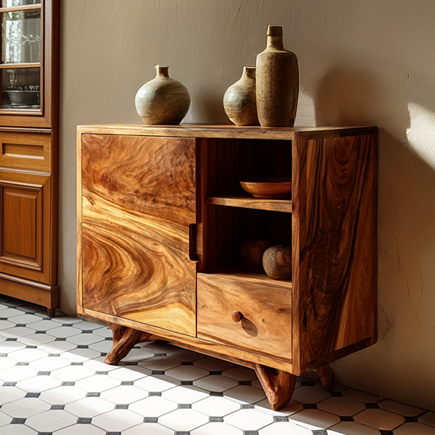 Solid Wood Sideboard with Natural Grain Doors Modern Organic Storage Cabinet with Shelves for Living Room