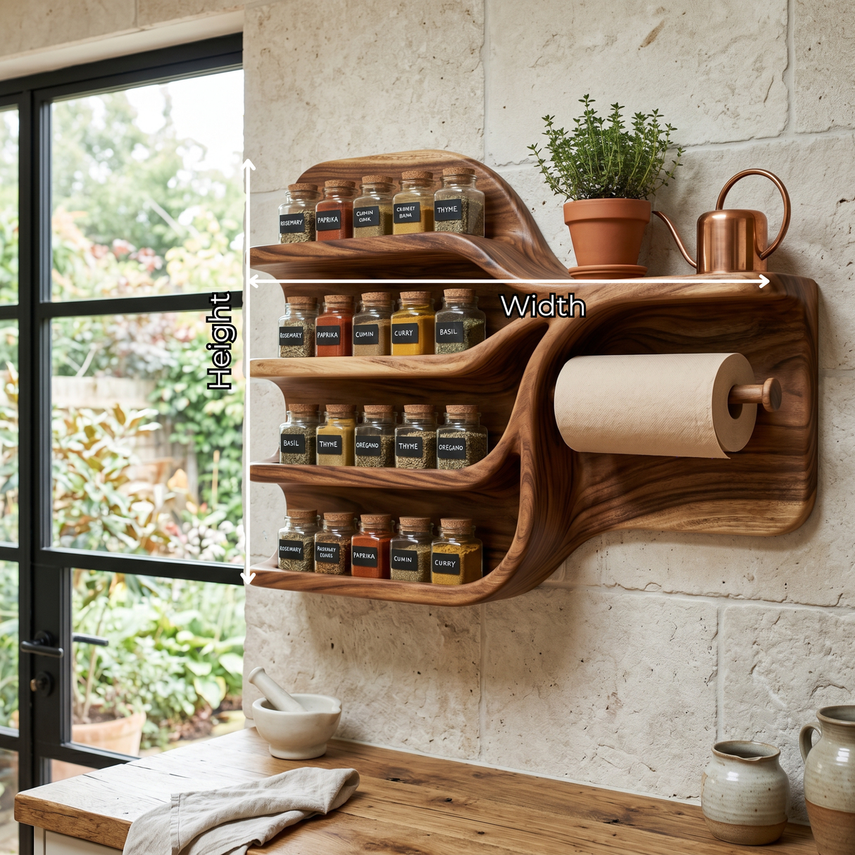 Handcrafted Solid Wood Kitchen Wall Organizer with Spice Shelves and Paper Towel Holder