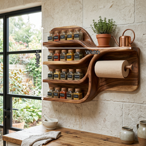 Handcrafted Solid Wood Kitchen Wall Organizer with Spice Shelves and Paper Towel Holder