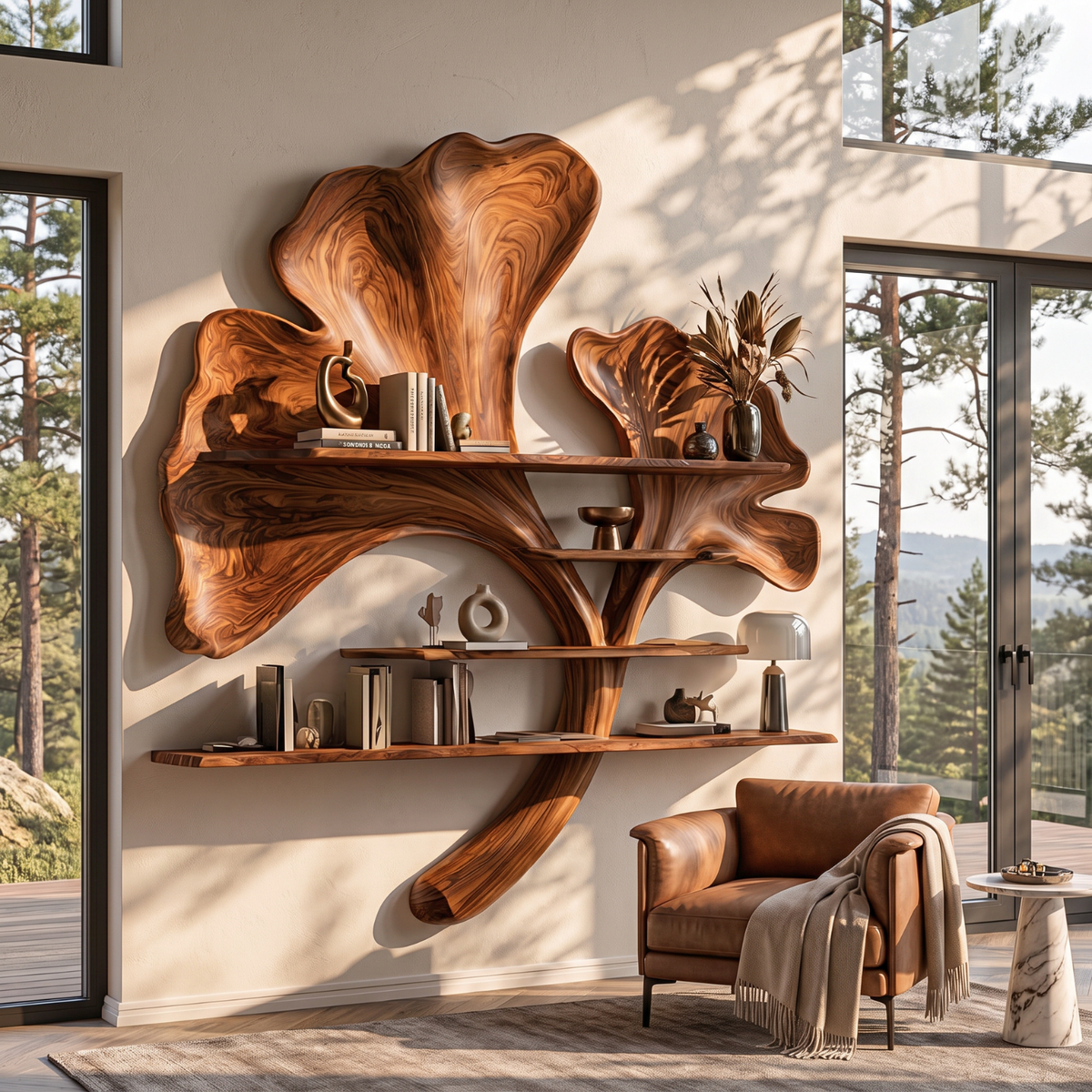 Solid Wood Ginkgo Leaf Wall Shelf Sculpture for Living Room Decor