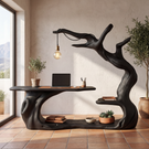 Organic Sculptural Wood Workstation with Hanging Lamp and Storage Shelf