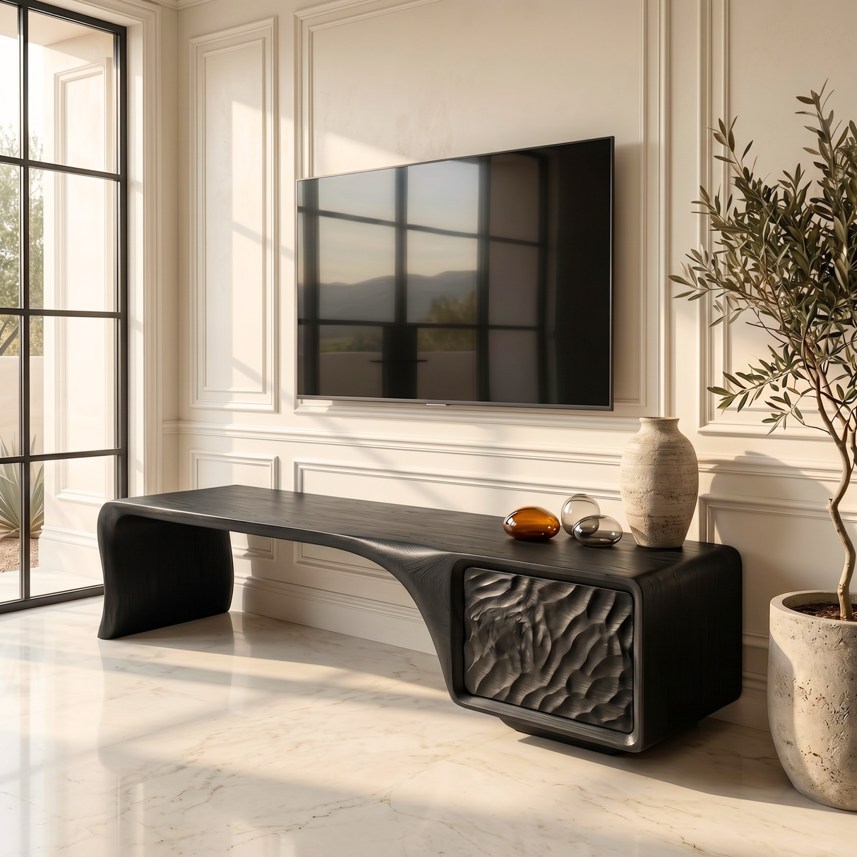 Organic Solid Wood TV Console with Sculptural Carved Cabinet Door