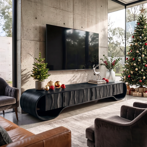 TV Stand with Sculptural Oval Frame and Natural Grain Cabinet Doors