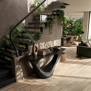 Organic Sculpted Solid Wood Console Table with Architectural Base