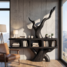 Sculptural Solid Wood Bookshelf with Tree Form Organic Modern Display Shelf Storage Unit