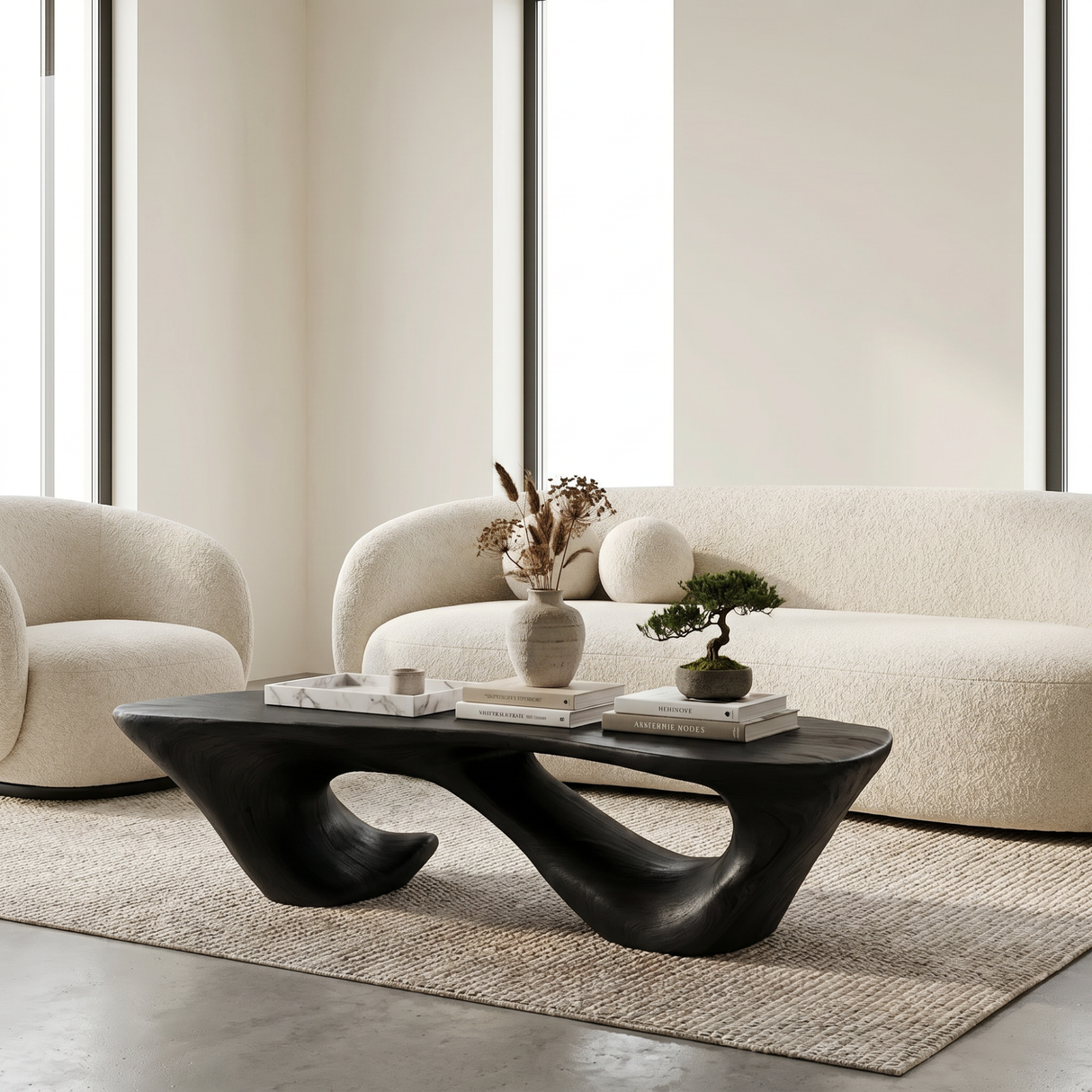 Solid Wood Coffee Table with Double Hollow Sculptural Base for Living Room