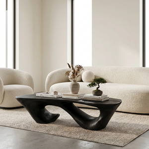 Solid Wood Coffee Table with Double Hollow Sculptural Base for Living Room