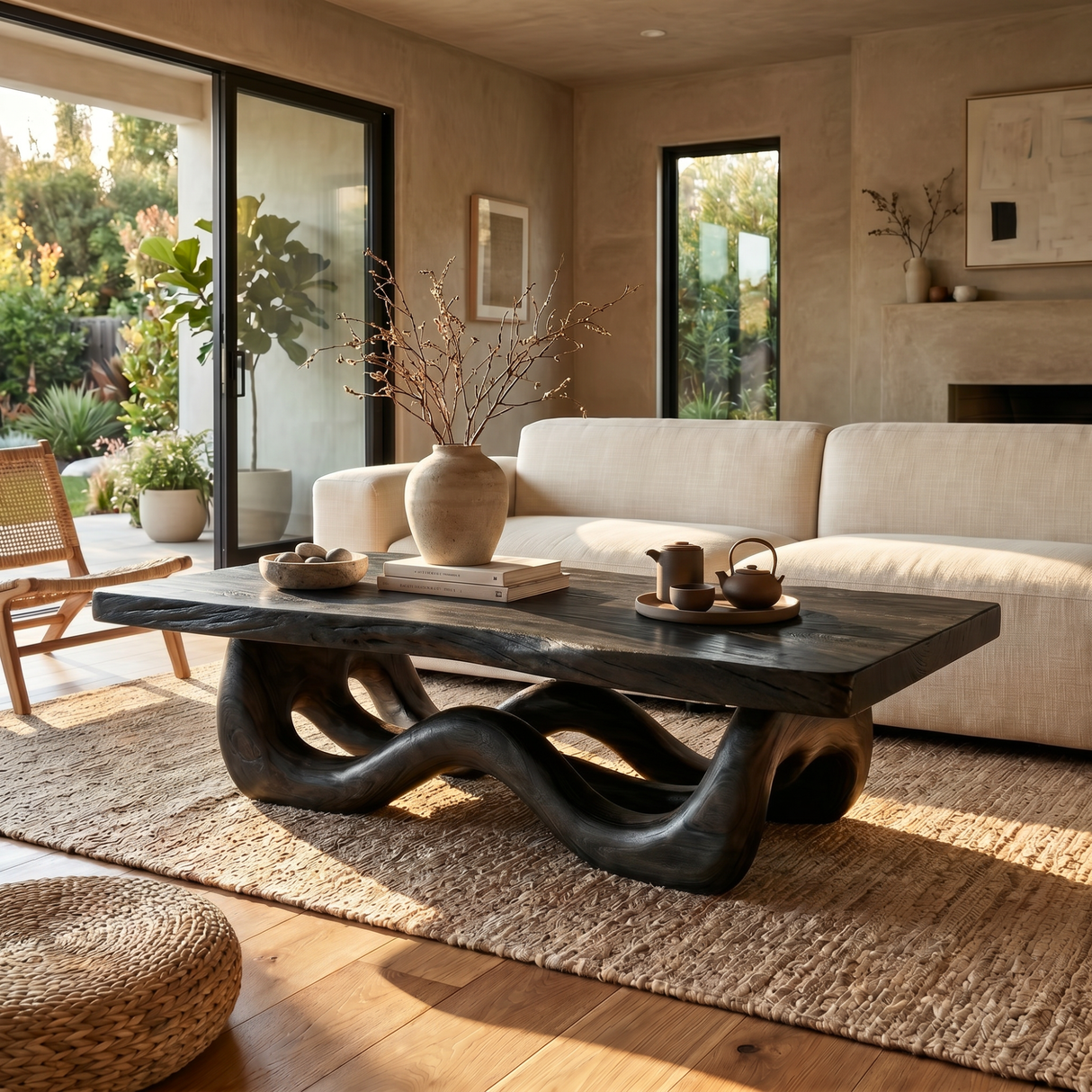 Solid Wood Coffee Table with Ribbon-Like Sculptural Base