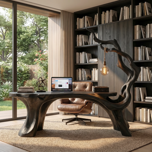 Handmade Solid Wood Sculptural Desk With Hanging Lamp Organic Modern Artistic Workspace Table