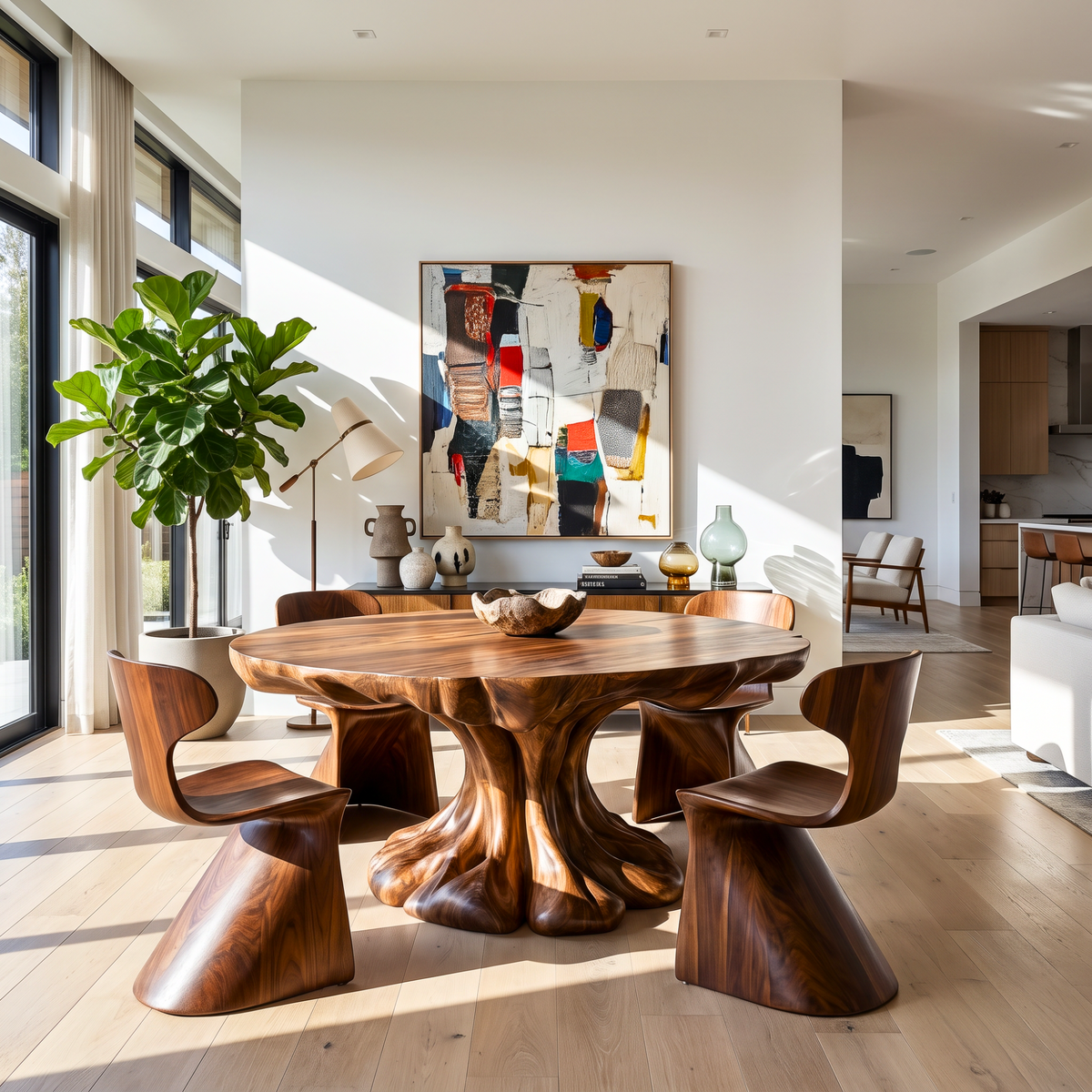 Dining Table with Flowing Pedestal Base and Organic Wood Top