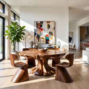 Dining Table with Flowing Pedestal Base and Organic Wood Top