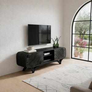 Sculptural Solid Wood TV Stand with Organic Wave Carving