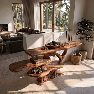 Handcrafted Solid Wood Console Table with Tiered Shelves and Sculptural Tree Base