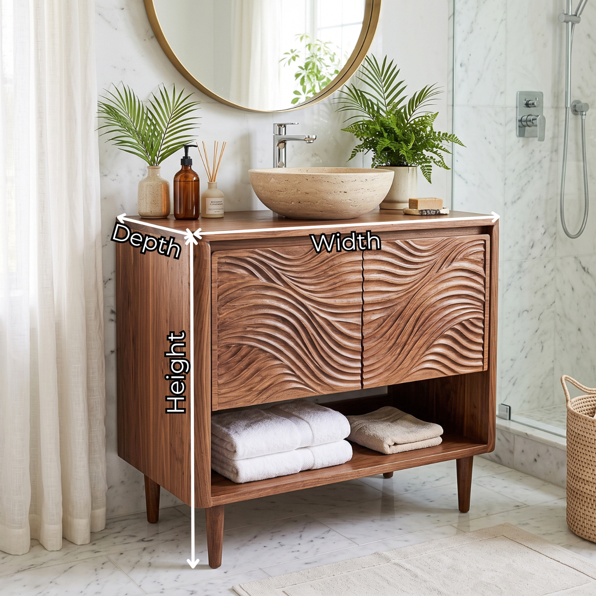 Bathroom Vanity Solid Wood with Carved Ripple Cabinet and Open Shelf for Powder Room