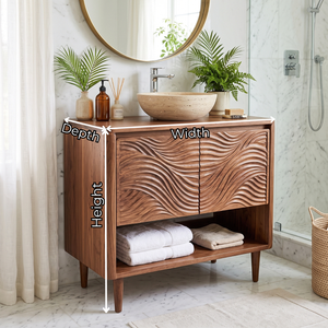Bathroom Vanity Solid Wood with Carved Ripple Cabinet and Open Shelf for Powder Room