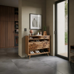 Modern Live Edge Wood Shoe Cabinet with Open Shelf Storage