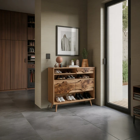 Modern Live Edge Wood Shoe Cabinet with Open Shelf Storage