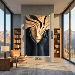 Handcrafted Solid Wood Face Wall Sculpture with Flowing Grain Hair and Black Relief Hands