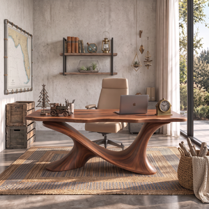 Live Edge Solid Wood Desk with Sculptural Double Curve Base