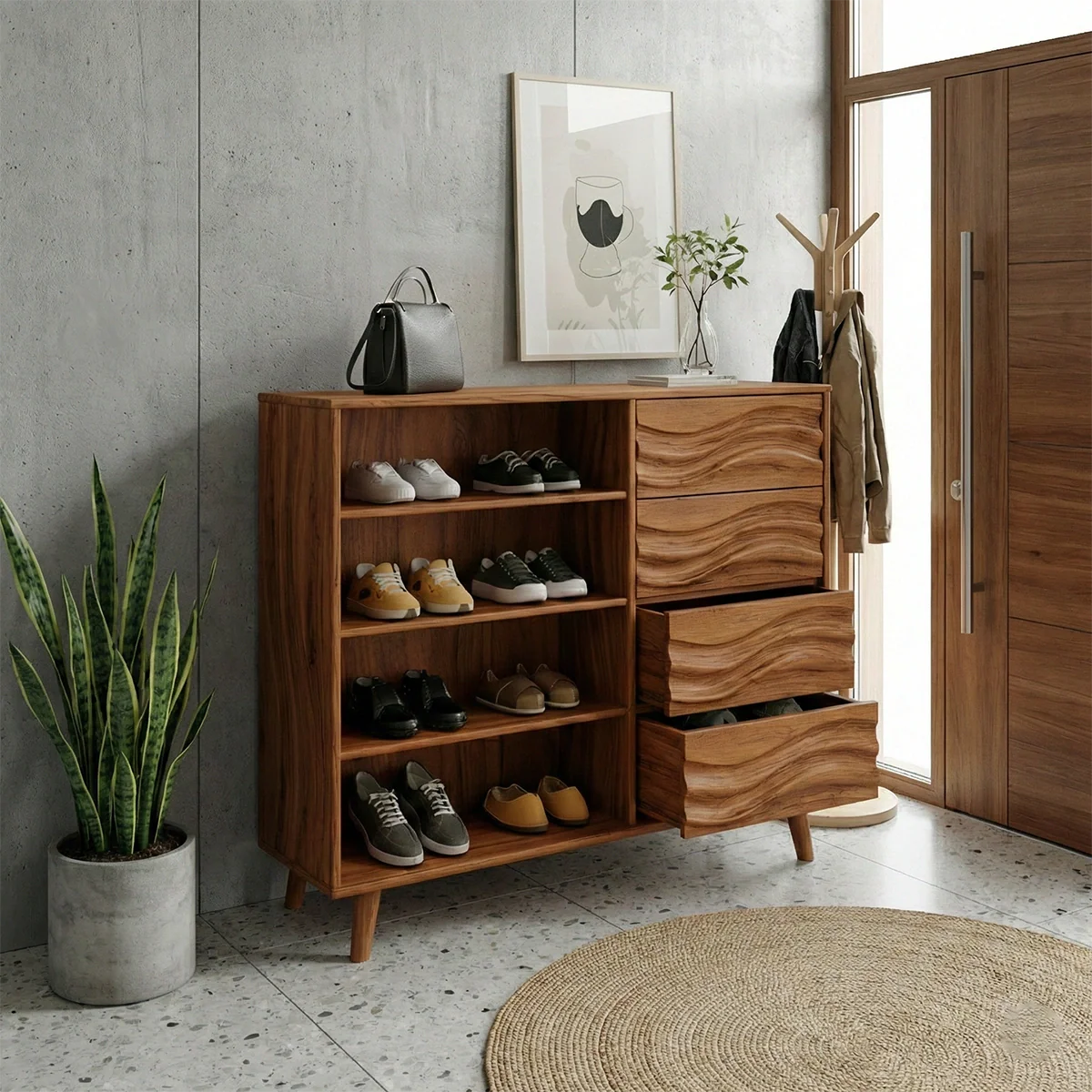 Solid Wood Shoe Cabinet with Drawers and Open Shelves Modern Entryway Shoe Storage Organizer