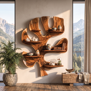 Solid Wood Tree Wall Shelf Sculpture, Organic Wall Mounted Display Shelf Decor