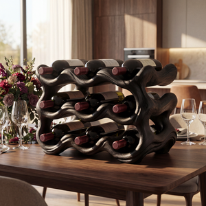 Modern Sculptural Solid Wood Wine Rack Wave Carved Multi Level Bottle Holder for Countertop