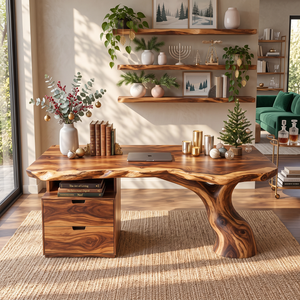 Live Edge Solid Wood Desk with Sculptural Tree Leg and Built In Drawer Cabinet