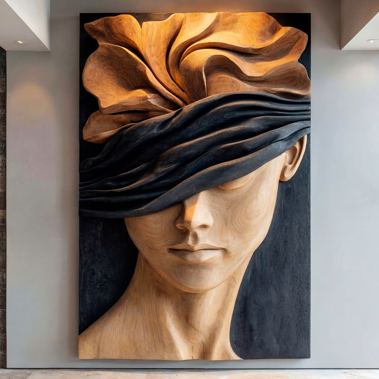 Silent Bloom Wooden Relief Portrait Sculpture Wall Art