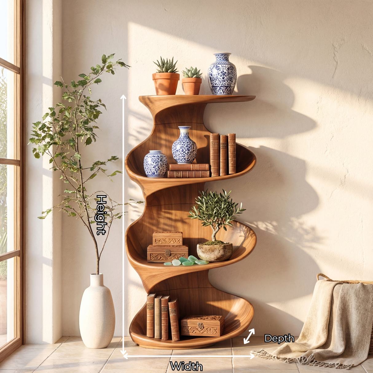 Twisted Wood Display Shelf with Tiered Open Shelves