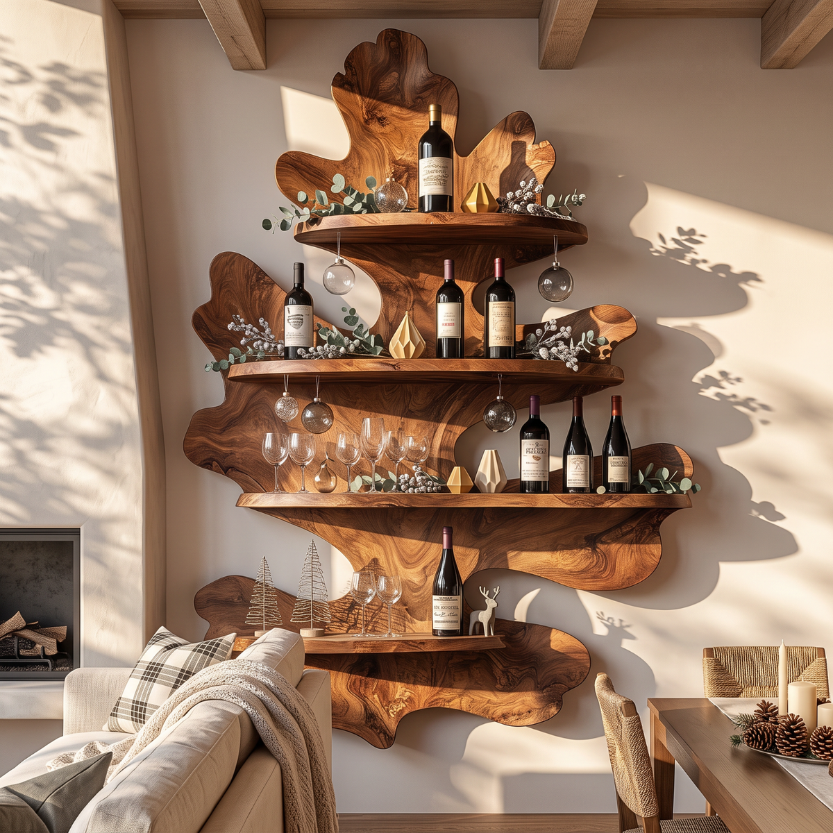 Sculptural Leaf Solid Wood Wall Mounted Wine Rack with Four Display Shelves