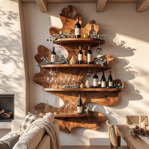 Sculptural Leaf Solid Wood Wall Mounted Wine Rack with Four Display Shelves