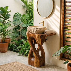 Organic Carved Solid Wood Pedestal Sink Stand with Open Sculptural Form