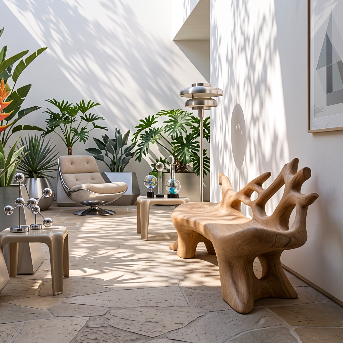 Sculptural Outdoor Solid Wood Bench with Flowing Branch Backrest