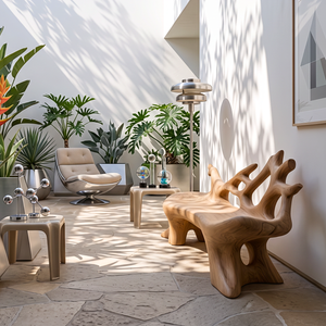 Sculptural Outdoor Solid Wood Bench with Flowing Branch Backrest