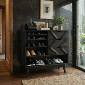 Solid Wood Entryway Shoe Cabinet with Drawers and Open Shelves Mid-Century Storage Organizer