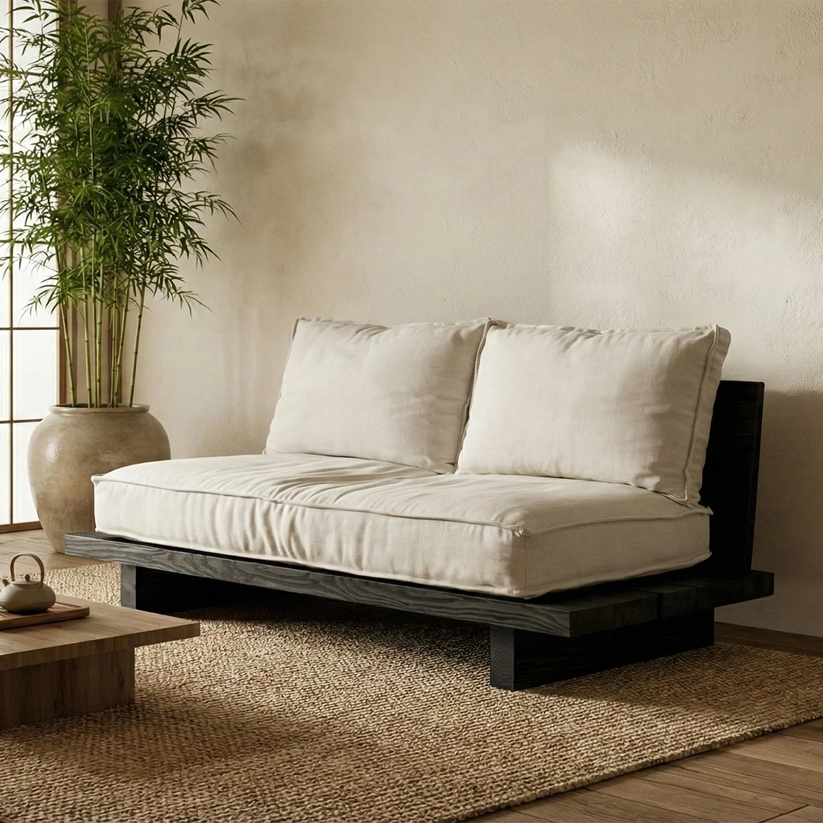 Minimalist Solid Wood Platform Sofa Japanese Style Low Floor Couch with Cushions
