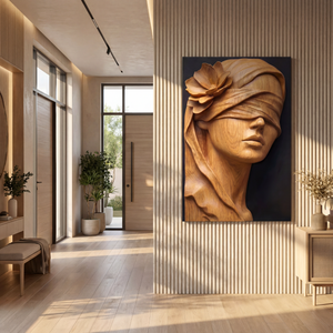 Golden Veil Bloom Wooden Relief Portrait Sculpture Wall Art