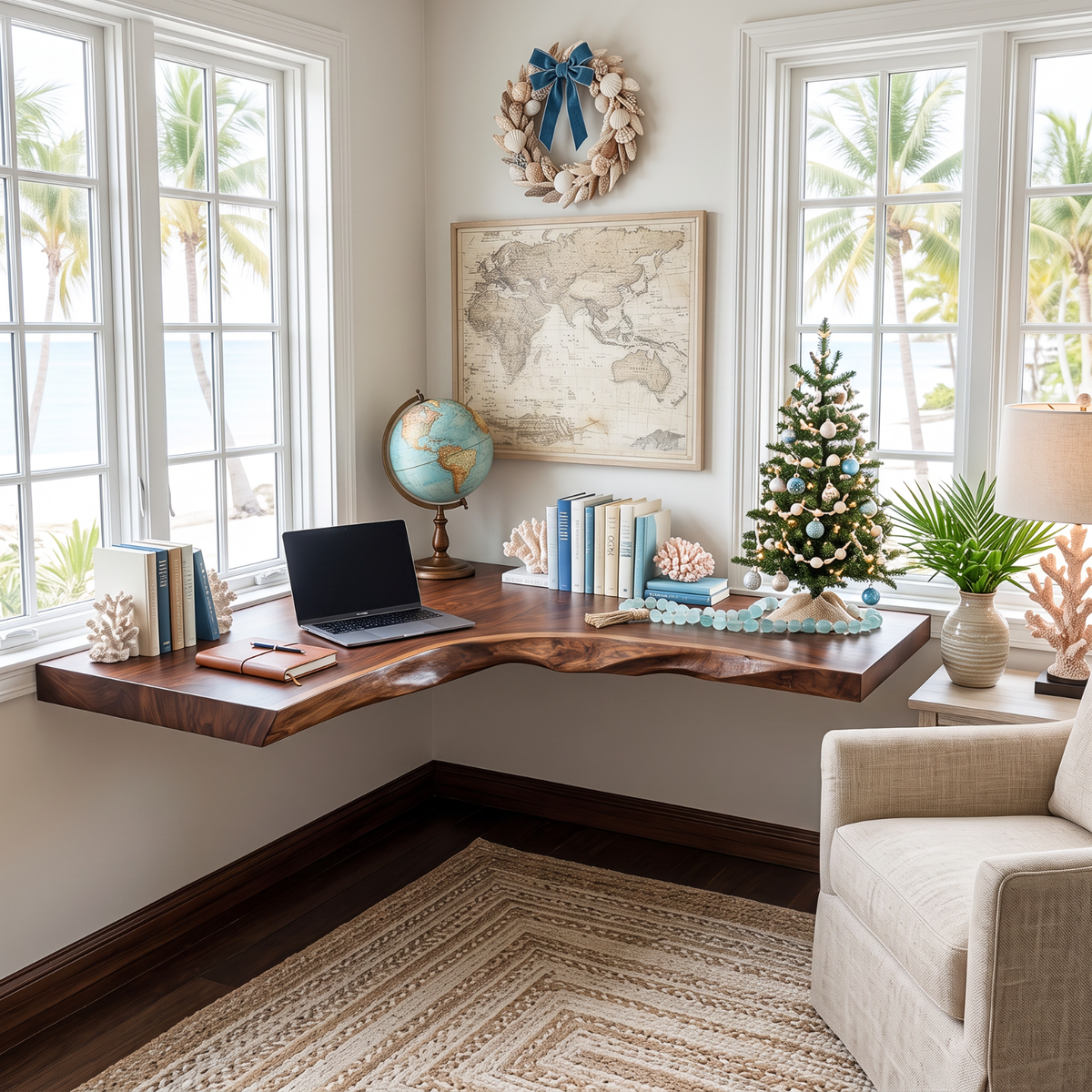 Live Edge Solid Wood Floating Corner Desk with Organic L Shaped Design