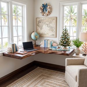 Live Edge Solid Wood Floating Corner Desk with Organic L Shaped Design